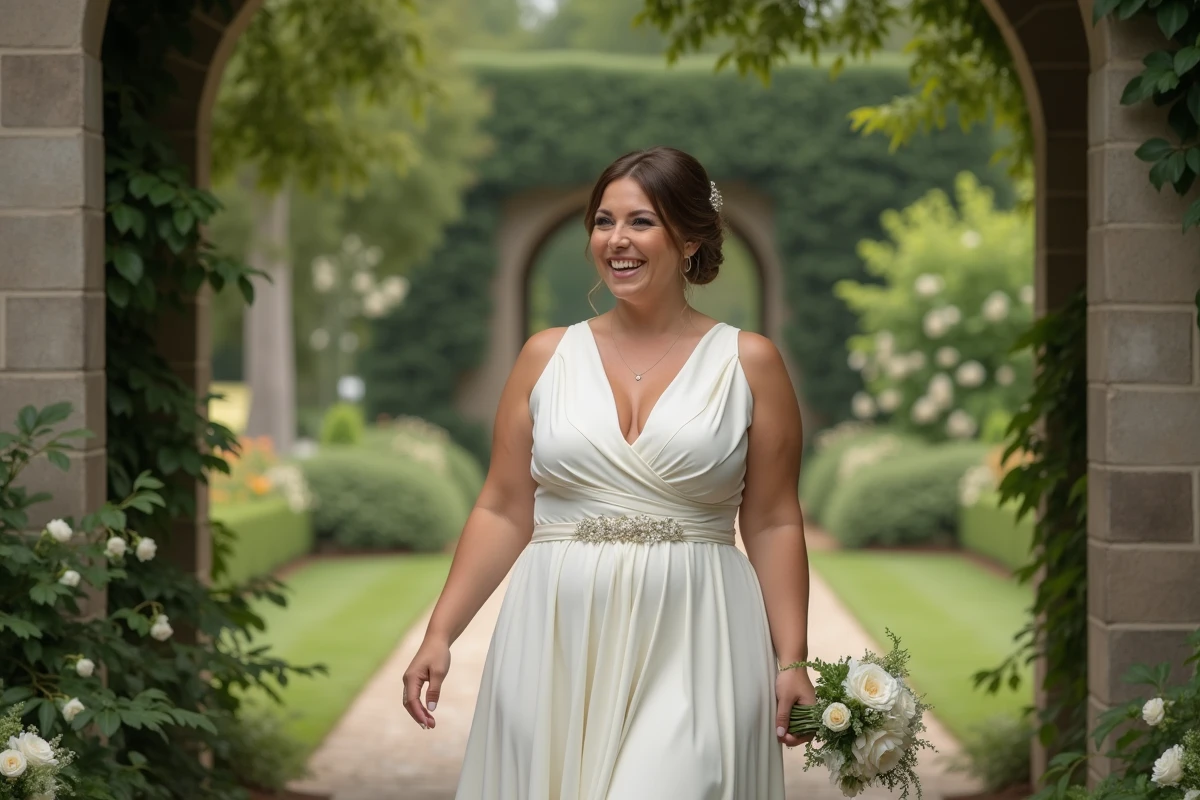 Femme pulpeuse en robe fourreau ivoire à l'entrée d'un mariage en jardin avec arches en pierre et roses blanches