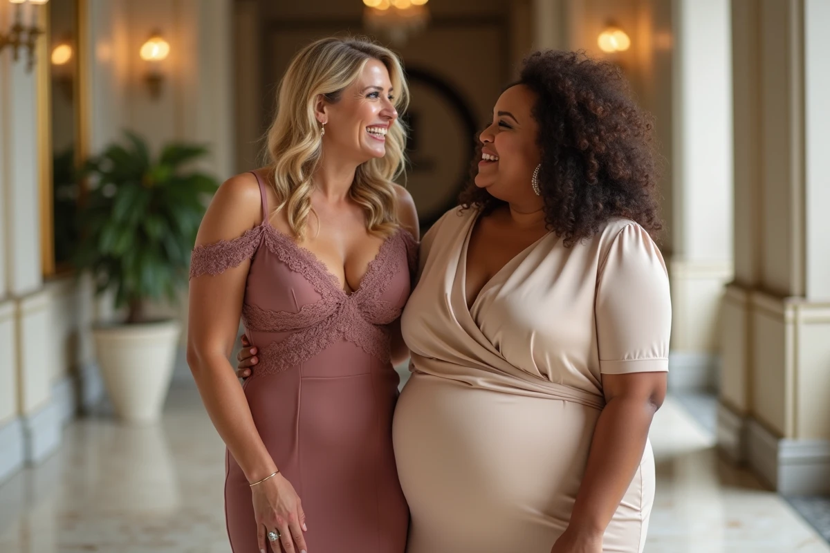 Deux femmes aux morphologies différentes portant des robes fourreau lors d'un mariage dans un couloir d'hôtel luxueux