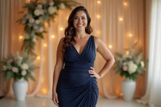 Femme ronde en robe fourreau bleu marine élégante lors d'un mariage, posant avec confiance dans une salle décorée de fleurs