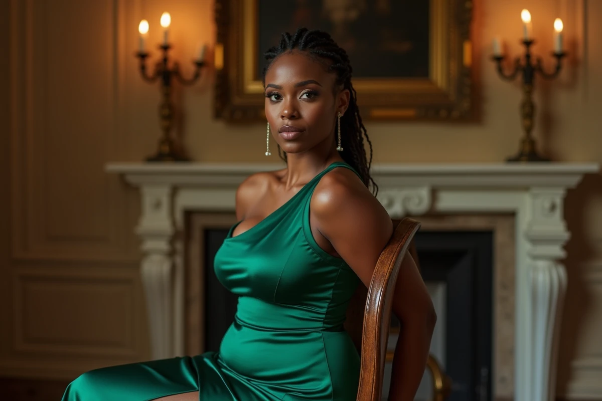Femme noire élégante en robe fourreau verte émeraude assise dans un château lors d'une réception de mariage