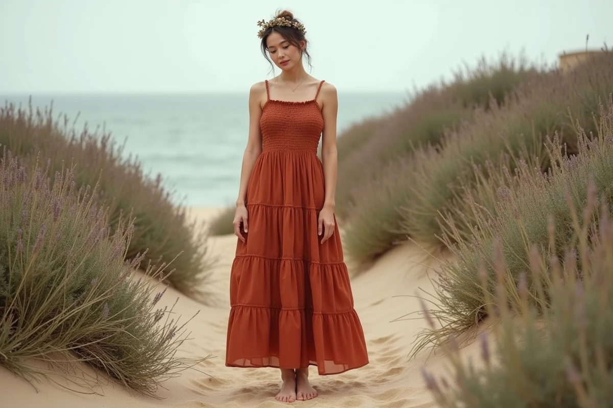 Témoin de mariage en longue robe terracotta à jupe étagée sur un sentier côtier sauvage, couronne de fleurs séchées, style bohème chic