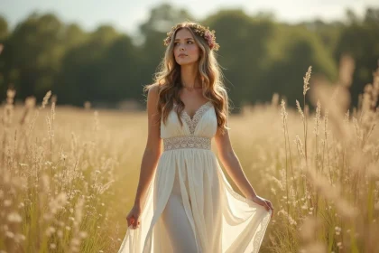 Mariée bohème en robe de dentelle fluide debout dans une prairie de fleurs sauvages, couronne de fleurs séchées dans les cheveux