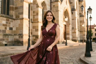 Femme élégante en robe de mariage bordeaux devant une cathédrale en pierre à Bordeaux