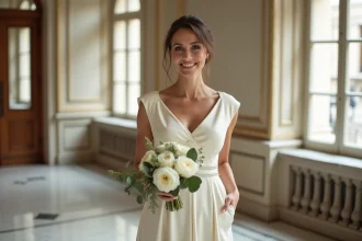 Femme élégante en robe midi ivoire pour un mariage civil chic à la mairie de Paris