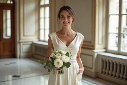 Femme élégante en robe midi ivoire pour un mariage civil chic à la mairie de Paris
