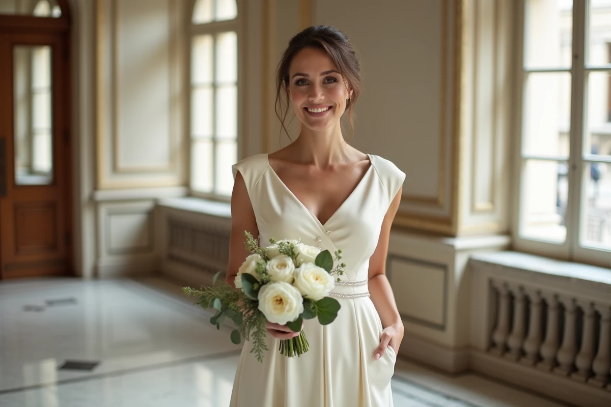Femme élégante en robe midi ivoire pour un mariage civil chic à la mairie de Paris