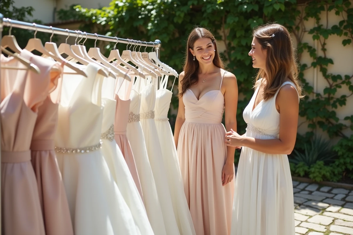 Deux femmes comparant des robes de mariée d'occasion dans un vide-dressing en plein air, avec des étiquettes de prix visibles et une ambiance jardin décontractée