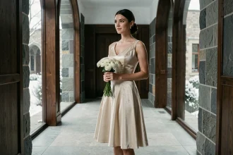 Mariée en robe courte velours ivoire dans un couloir de mairie hivernal, bouquet de renoncules blanches