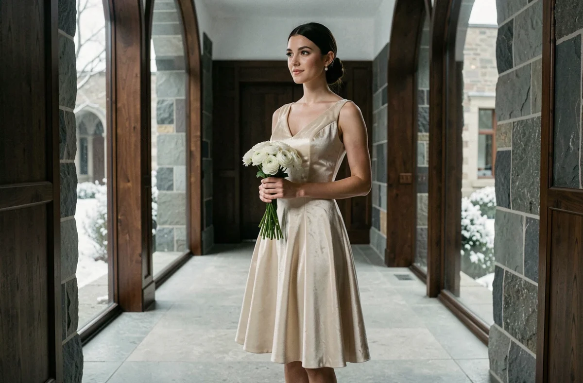 Mariée en robe courte velours ivoire dans un couloir de mairie hivernal, bouquet de renoncules blanches