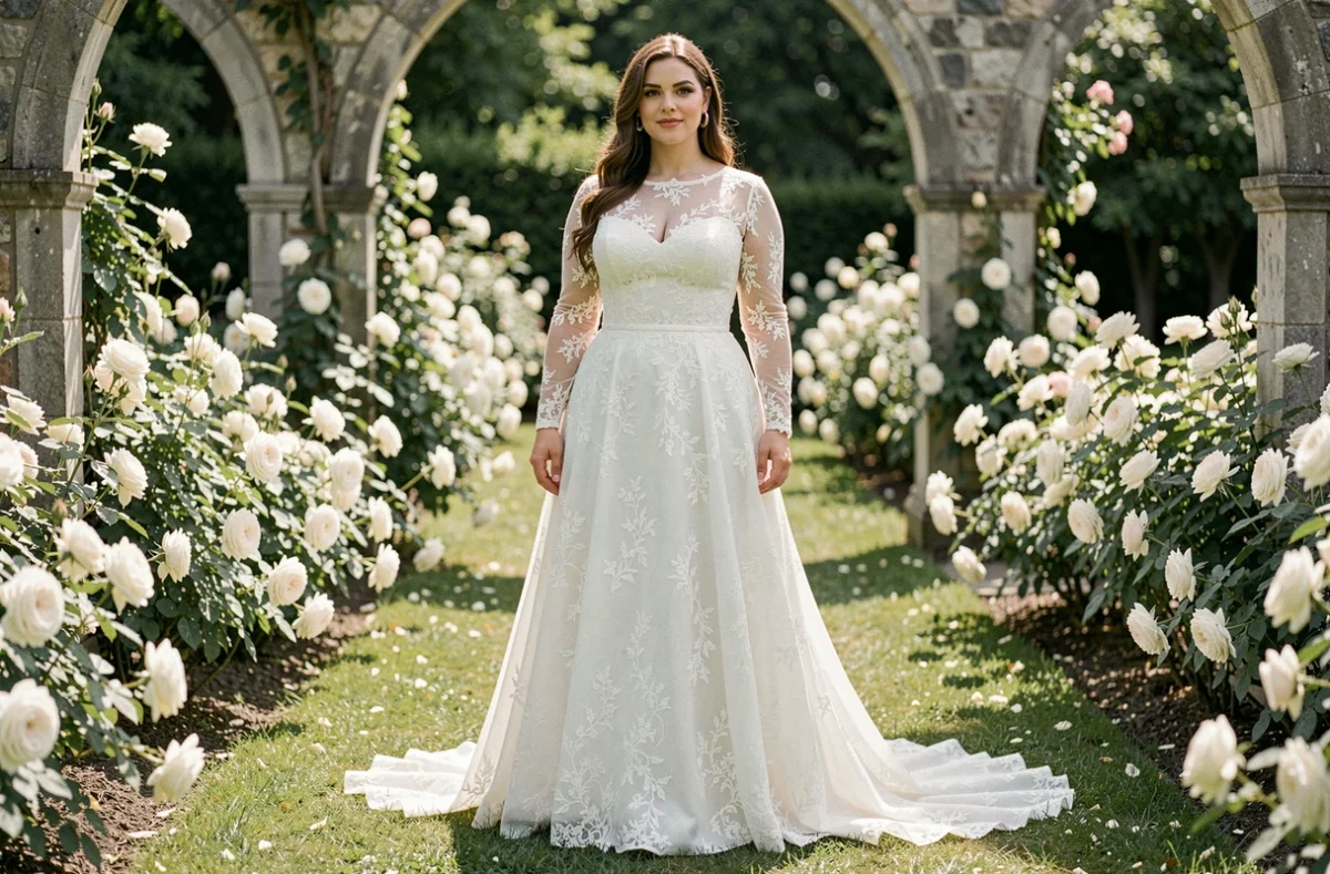 Mariée grande taille en robe dentelle manches longues posant dans un jardin fleuri avec arche en pierre