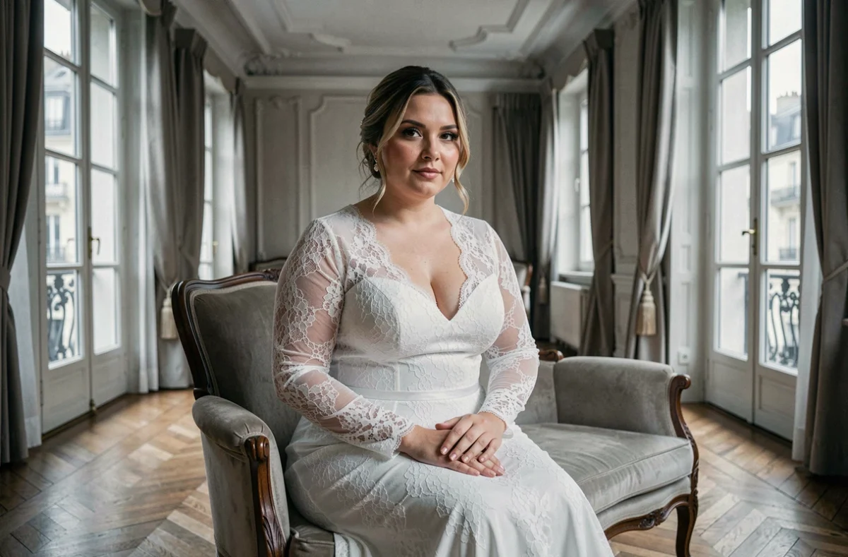 Mariée ronde en robe de mariée dentelle manches longues assise sur une chaise vintage dans un appartement parisien élégant