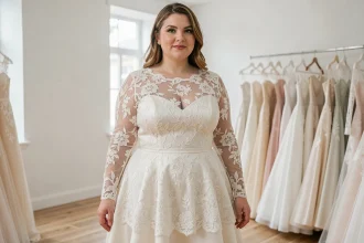 Femme grande taille portant une robe de mariée en dentelle manches longues dans une boutique de mariage élégante