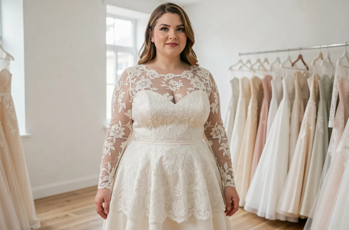 Femme grande taille portant une robe de mariée en dentelle manches longues dans une boutique de mariage élégante