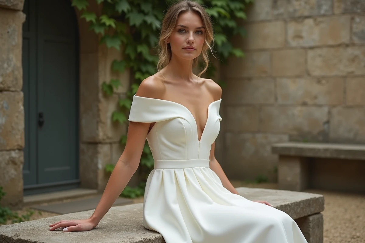 Robe de mariée élégante en crêpe blanc col bardot dans un jardin de pierres anciennes