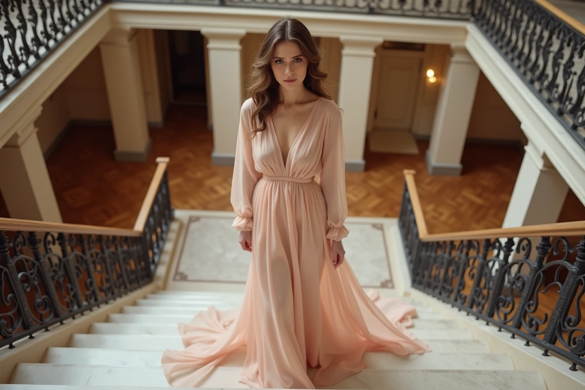 Robe de mariée fluide en organza champagne à manches longues sur un grand escalier en marbre classique