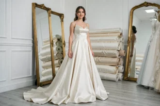 Mariée petite taille portant une robe de mariée mal proportionnée avec traîne trop longue et taille basse mal placée dans une boutique de robes de mariée