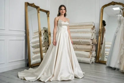 Mariée petite taille portant une robe de mariée mal proportionnée avec traîne trop longue et taille basse mal placée dans une boutique de robes de mariée