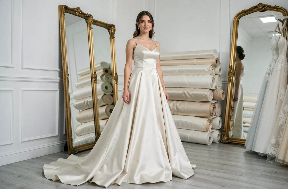 Mariée petite taille portant une robe de mariée mal proportionnée avec traîne trop longue et taille basse mal placée dans une boutique de robes de mariée