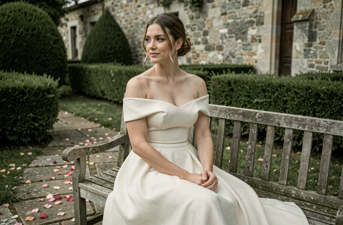 Mariée de petite stature assise dans un jardin de château portant une robe bustier avec encolure trop large et ceinture mal positionnée révélant des erreurs de coupe courantes