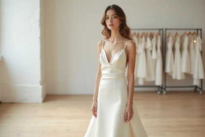 Robe de mariée simple en satin ivoire à coupe A-line portée dans un atelier élégant aux murs blancs