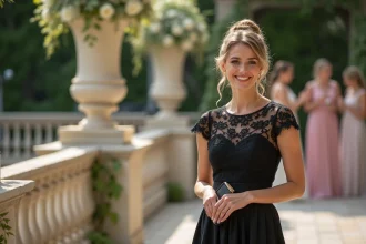 Femme en robe noire longue dentelle lors d'un mariage en extérieur, élégante et discrète parmi les invités