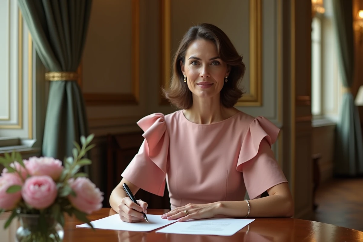 Femme en robe rose poudré signant les registres lors d'un mariage civil élégant