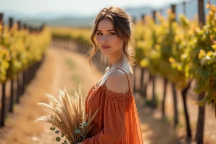 Témoin de mariage en robe bohème terracotta dans un vignoble doré en fin d'été, tenant un bouquet de pampa séché