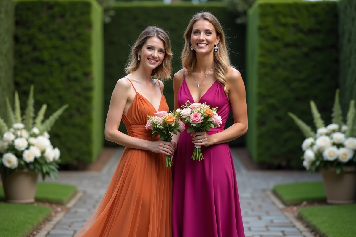 Deux femmes portant des robes de cérémonie de mariage aux couleurs vives orange brûlé et fuchsia dans un jardin fleuri