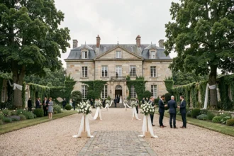 Vue panoramique d'une salle de mariage élégante en Ille-et-Vilaine avec un château en pierre entouré de jardins soignés et d'une cour décorée pour un mariage