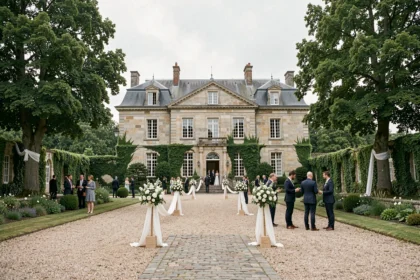 Vue panoramique d'une salle de mariage élégante en Ille-et-Vilaine avec un château en pierre entouré de jardins soignés et d'une cour décorée pour un mariage