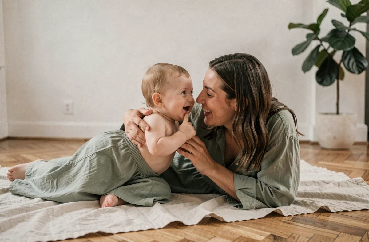 Mère et bébé de six mois photographiés au sol dans un appartement lumineux de Bordeaux en séance lifestyle