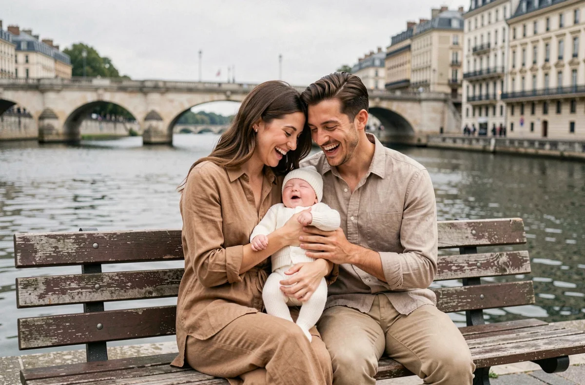 Famille avec bébé photographiée en extérieur devant la Garonne et le Pont de Pierre à Bordeaux