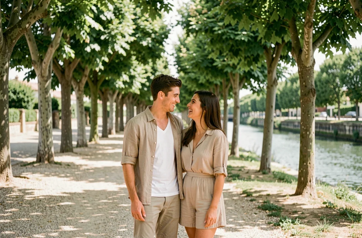 Séance photo de couple au bord du Canal du Midi à Béziers, ambiance naturelle et détendue