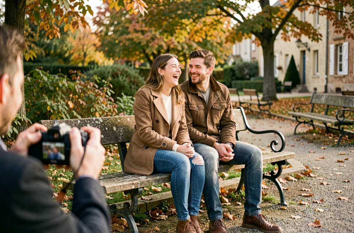 Séance photo de couple dans un parc d'Angoulême en automne avec photographe en action