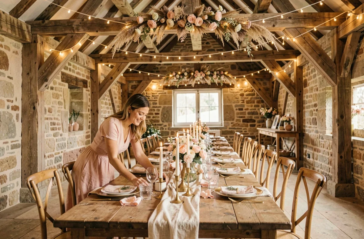 Wedding planner arrangeant une décoration de table romantique dans une grange en pierre en Auvergne-Rhône-Alpes pour un mariage élégant