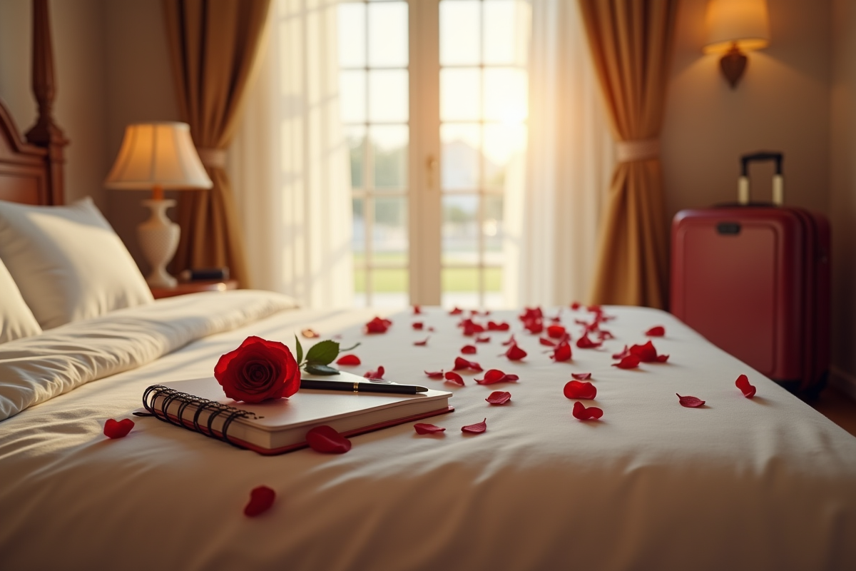 Suite de lune de miel avec pétales de rose et valise ouverte