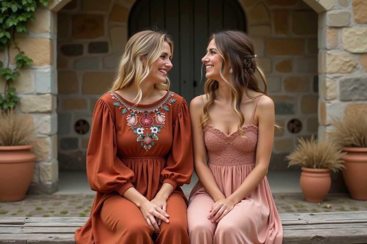Deux témoins de mariage en robes bohèmes terracotta assorties assises devant une ferme en pierre rustique, ambiance chic champêtre