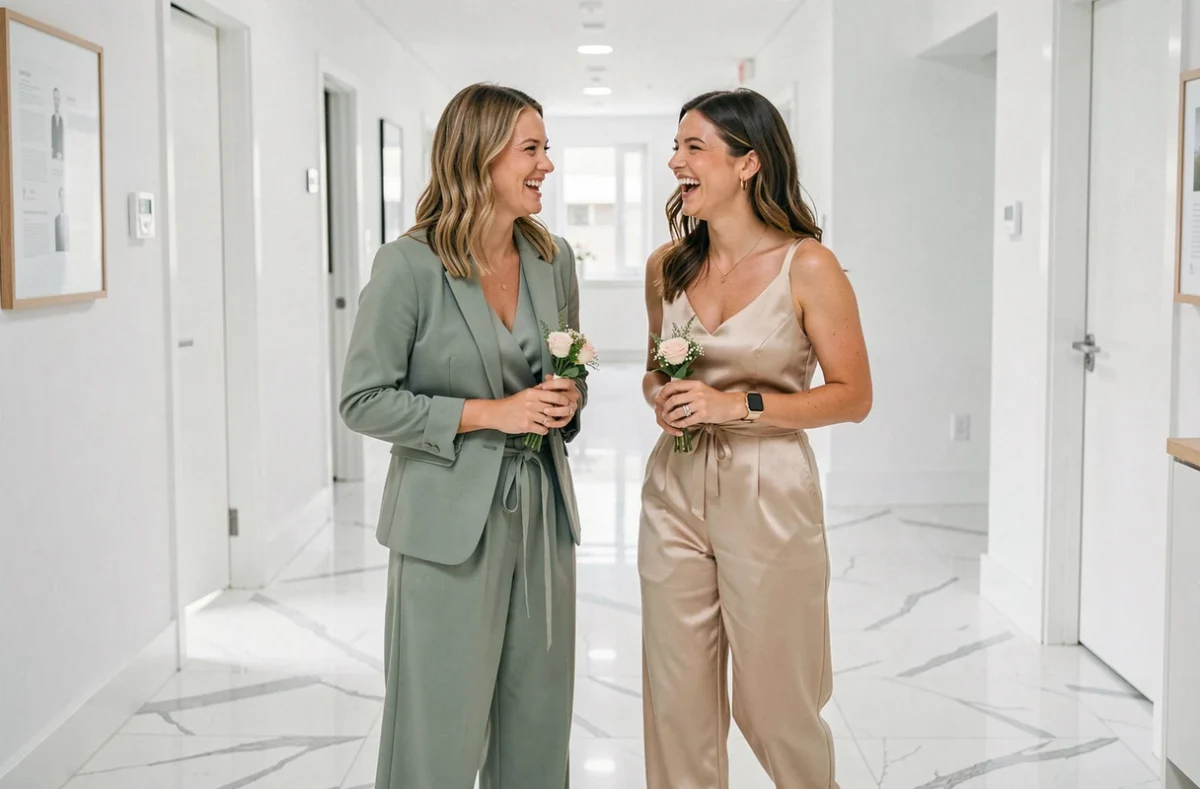 Deux femmes élégantes en tenue pantalon pour un mariage civil, l'une en combinaison champagne et l'autre en ensemble vert sauge