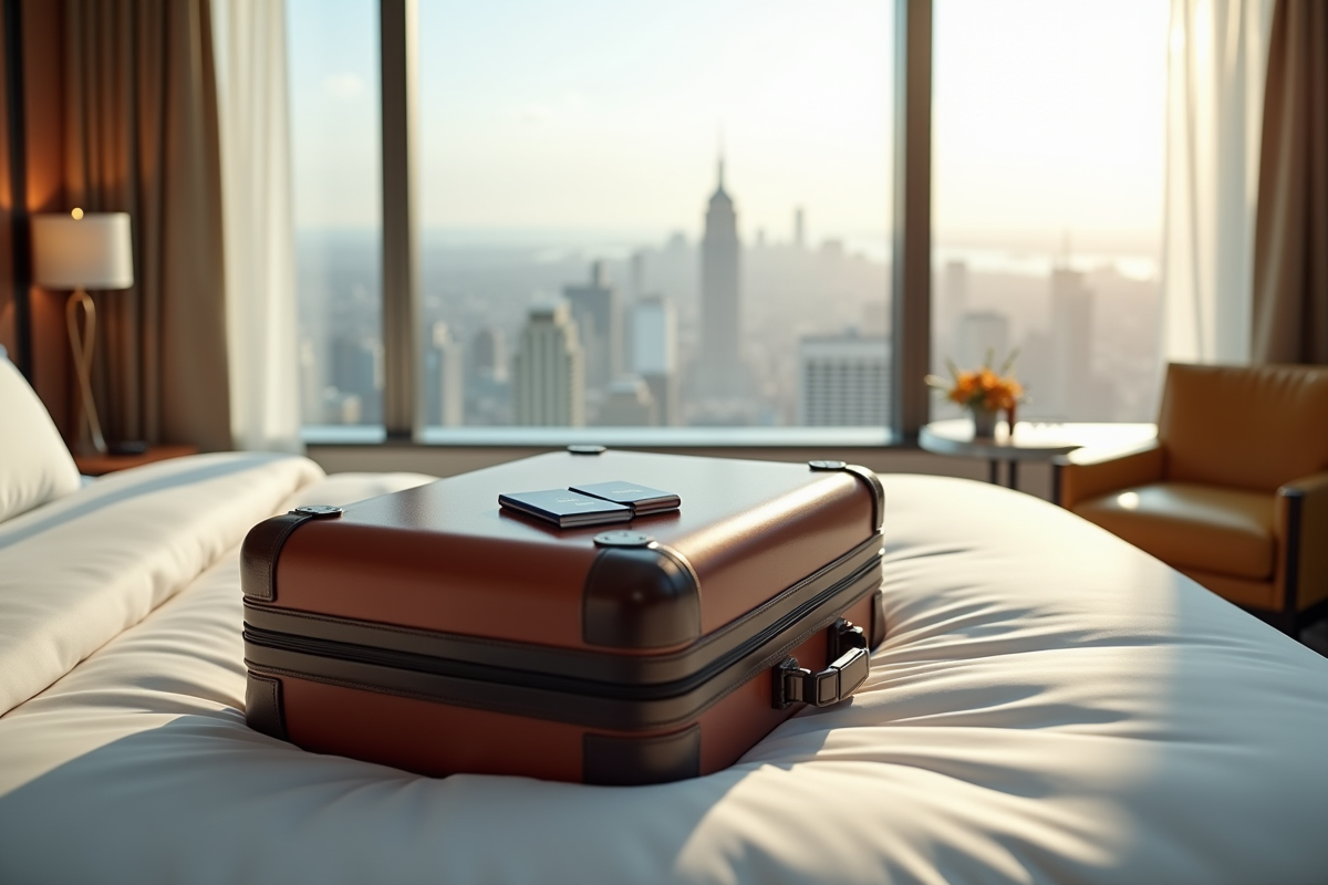 Valise et passeports sur lit avec vue urbaine lumineuse