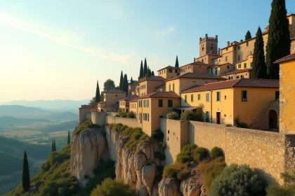 Vue panoramique du village perché de Gordes en Provence avec ses maisons en pierre calcaire dorée et ses champs de lavande