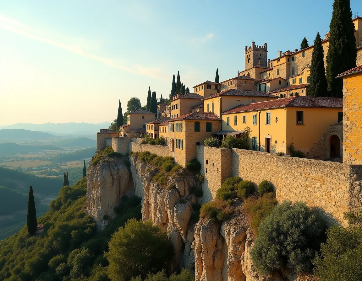 Vue panoramique du village perché de Gordes en Provence avec ses maisons en pierre calcaire dorée et ses champs de lavande