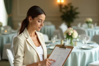 Wedding planner consultant révisant le planning d'animation d'un mariage avec un presse-papiers dans une salle de réception décorée