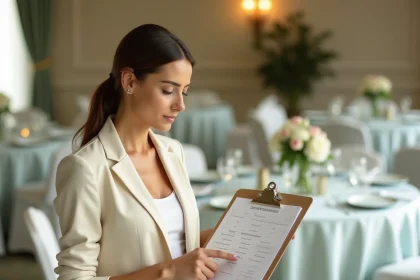 Wedding planner consultant révisant le planning d'animation d'un mariage avec un presse-papiers dans une salle de réception décorée