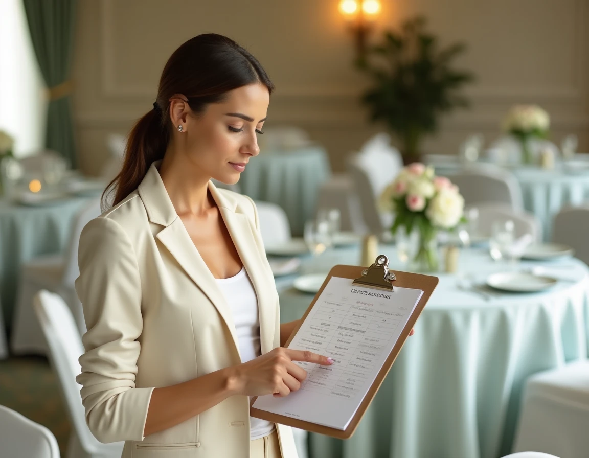 Wedding planner consultant révisant le planning d'animation d'un mariage avec un presse-papiers dans une salle de réception décorée
